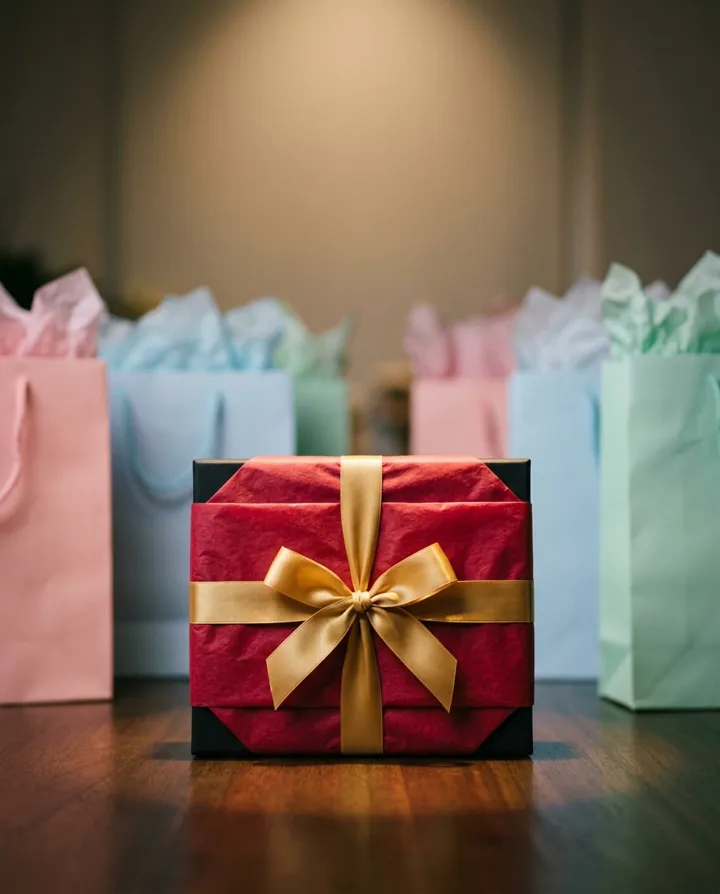 One box wrapped in red tissue with a gold bow, standing apart from pastel gift bags.