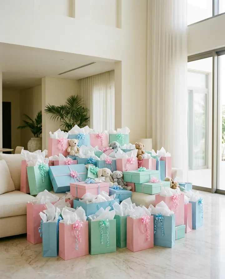 A pile of pastel gift bags and teddy bears after a baby shower.